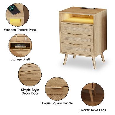 Rattan Nightstand with Charging Station (2 AC/2 USB), LED Lights & 3 Drawers, Boho Bedside Table