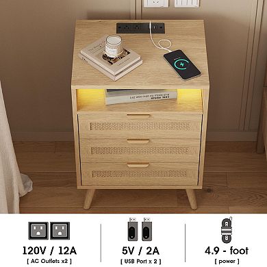 Rattan Nightstand with Charging Station (2 AC/2 USB), LED Lights & 3 Drawers, Boho Bedside Table