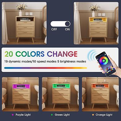 Rattan Nightstand with Charging Station (2 AC/2 USB), LED Lights & 3 Drawers, Boho Bedside Table