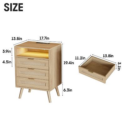 Rattan Nightstand with Charging Station (2 AC/2 USB), LED Lights & 3 Drawers, Boho Bedside Table