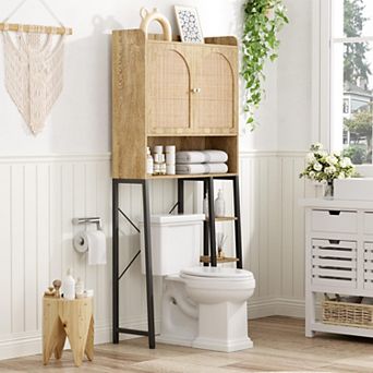 Rattan Over The Toilet Storage Cabinet with Adjustable Shelf, Large Space Bathroom Organizer
