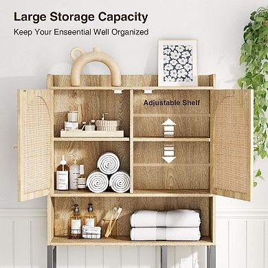 Rattan Over The Toilet Storage Cabinet with Adjustable Shelf, Large Space Bathroom Organizer