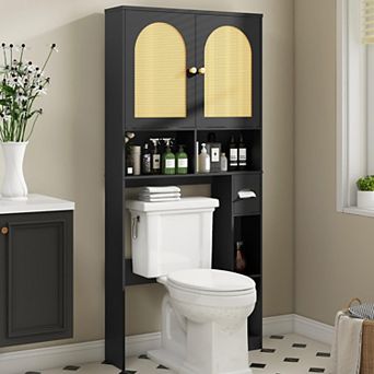 Rattan Over The Toilet Storage Cabinet with 2 Doors & Toilet Paper Holder, Wood Bathroom Organizer