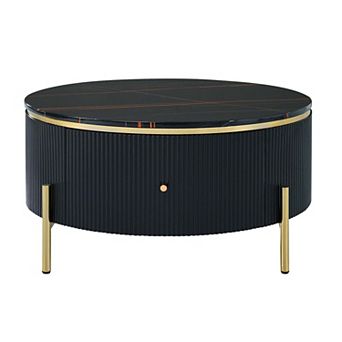 31.5 in Modern Round Coffee Table with 2 Large Drawers Marble Pattern Top and Gold Metal Legs