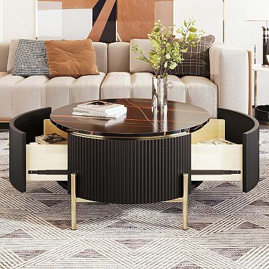 31.5 in Modern Round Coffee Table with 2 Large Drawers Marble Pattern Top and Gold Metal Legs