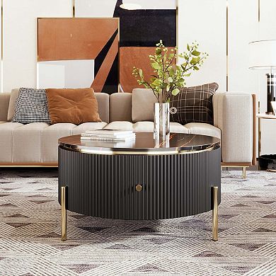 31.5 in Modern Round Coffee Table with 2 Large Drawers Marble Pattern Top and Gold Metal Legs