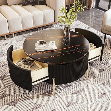 31.5 in Modern Round Coffee Table with 2 Large Drawers Marble Pattern Top and Gold Metal Legs
