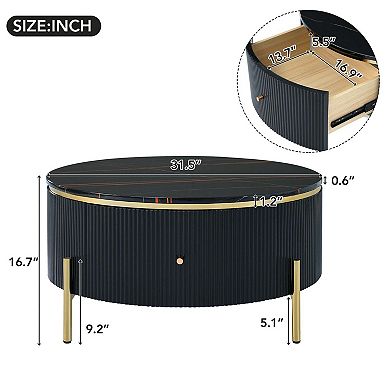 31.5 in Modern Round Coffee Table with 2 Large Drawers Marble Pattern Top and Gold Metal Legs
