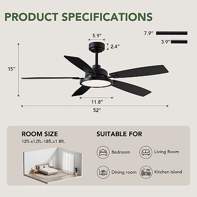 Moooni 52" Black Ceiling Fan with Light Dimmable Indoor/Outdoor Ceiling Fan with Remote Control