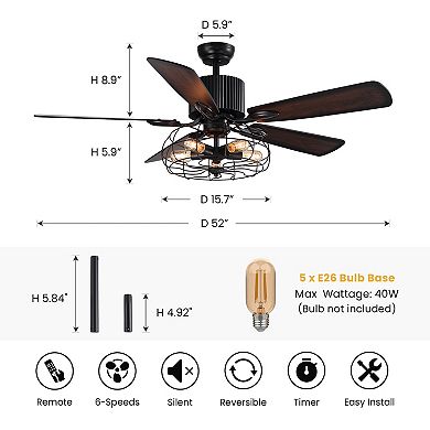 Moooni 52" Rustic Crystal Ceiling Fan with Light with Remote Control