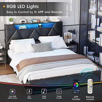 Upholstered Platform Bed Frame, 4 Storage Drawers + RGB LED Lights & Charging Station, Modern Style