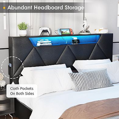 Upholstered Platform Bed Frame, 4 Storage Drawers + RGB LED Lights & Charging Station, Modern Style