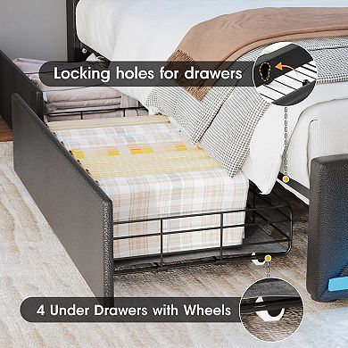 Upholstered Platform Bed Frame, 4 Storage Drawers + RGB LED Lights & Charging Station, Modern Style