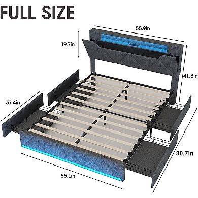Upholstered Platform Bed Frame, 4 Storage Drawers + RGB LED Lights & Charging Station, Modern Style