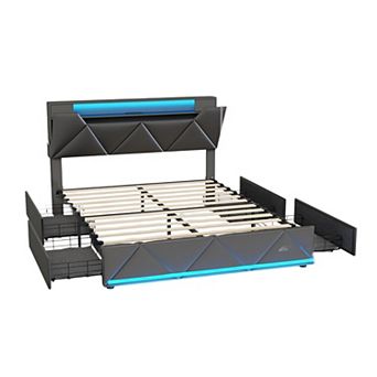 Upholstered Platform Bed Frame, 4 Storage Drawers + RGB LED Lights & Charging Station, Modern Style