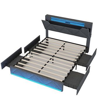 Upholstered Platform Bed Frame, 4 Storage Drawers + RGB LED Lights & Charging Station, Modern Style