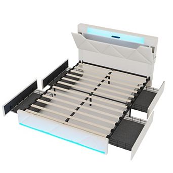 Upholstered Platform Bed Frame, 4 Storage Drawers + RGB LED Lights & Charging Station, Modern Style
