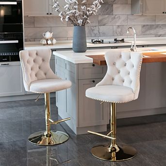 Bar Stools Set of 2, with Nailhead Trim, Golden Swivel Velvet Barstools,Adjusatble Seat Height from