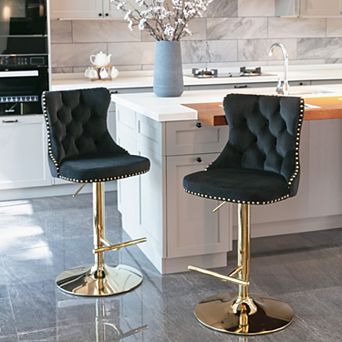 Bar Stools Set of 2, with Nailhead Trim, Golden Swivel Velvet Barstools,Adjusatble Seat Height from