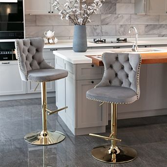 Bar Stools Set of 2, with Nailhead Trim, Golden Swivel Velvet Barstools,Adjusatble Seat Height from