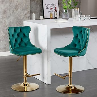 Bar Stools Set of 2, with Nailhead Trim, Golden Swivel Velvet Barstools,Adjusatble Seat Height from