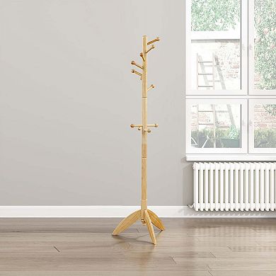 70" Solid Wood Coat Rack 11 Hooks 7-Tier Tripod Base Entryway Organizer