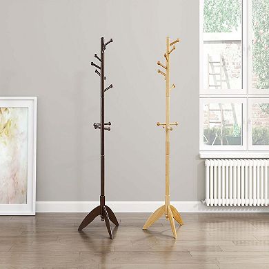 70" Solid Wood Coat Rack 11 Hooks 7-Tier Tripod Base Entryway Organizer