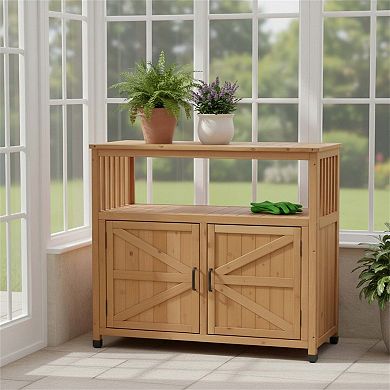 Wooden Patio Bar Table Set with Storage, Buffet Cabinet Sideboard