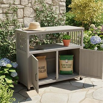 Wooden Patio Bar Table Set with Storage, Buffet Cabinet Sideboard