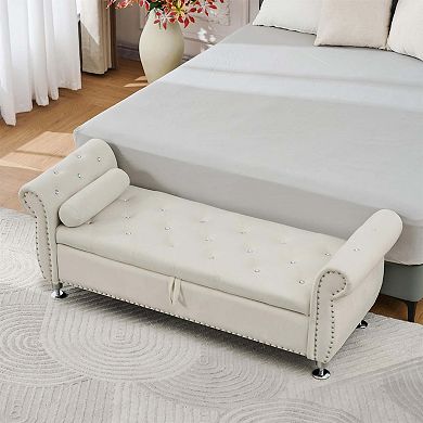Luxury Velvet Storage Ottoman Bench with Crystal Tufted Design End of Bed Bench with Hidden Storage