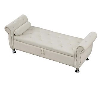 Luxury Velvet Storage Ottoman Bench with Crystal Tufted Design End of Bed Bench with Hidden Storage