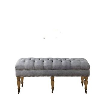Large Tufted Linen Bench with Nailhead Trim and Solid Wood Legs