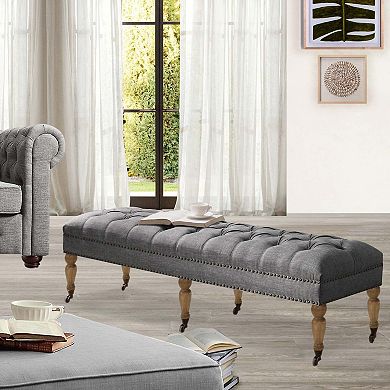Large Tufted Linen Bench with Nailhead Trim and Solid Wood Legs