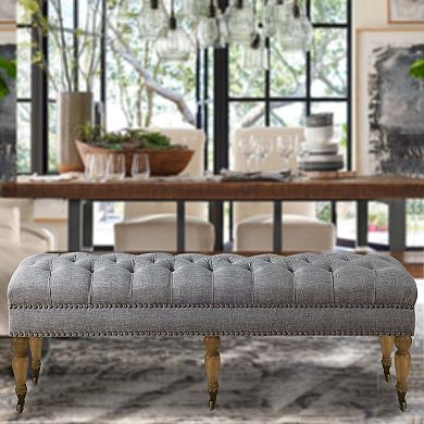 Large Tufted Linen Bench with Nailhead Trim and Solid Wood Legs
