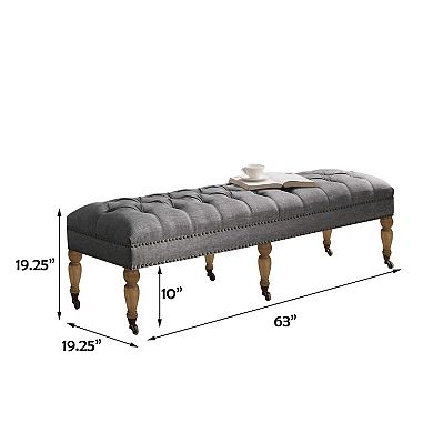 Large Tufted Linen Bench with Nailhead Trim and Solid Wood Legs