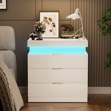 Nightstand with Charging Station and LED Light, Bedside Table with 3 Drawers, Modern Night Stand