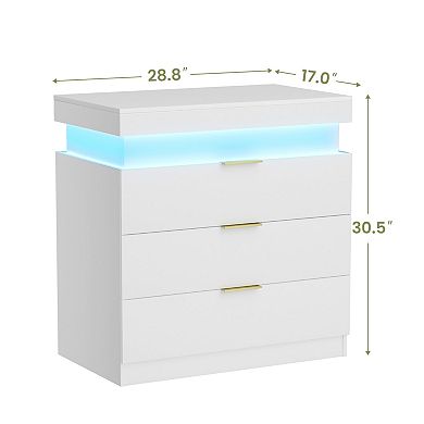 Nightstand with Charging Station and LED Light, Bedside Table with 3 Drawers, Modern Night Stand