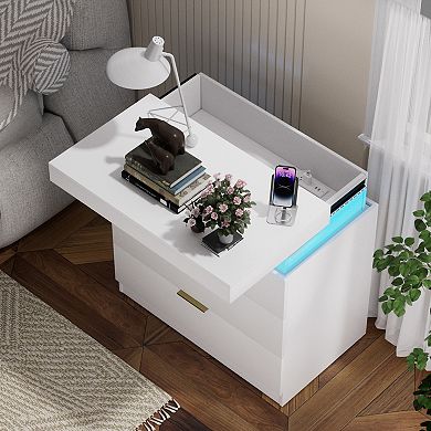 Nightstand with Charging Station and LED Light, Bedside Table with 3 Drawers, Modern Night Stand