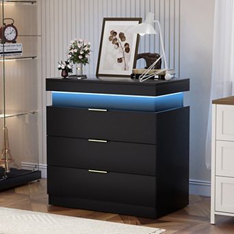 Nightstand with Charging Station and LED Light, Bedside Table with 3 Drawers, Modern Night Stand