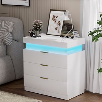 Nightstand with Charging Station and LED Light, Bedside Table with 3 Drawers, Modern Night Stand