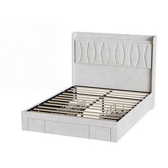 Upholstered Platform Bed Frame with Headboard + 3 Storage Drawers, LED Lights & Charging Station