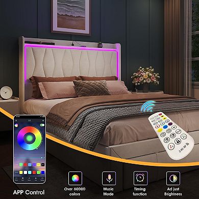 Upholstered Platform Bed Frame with Headboard + 3 Storage Drawers, LED Lights & Charging Station