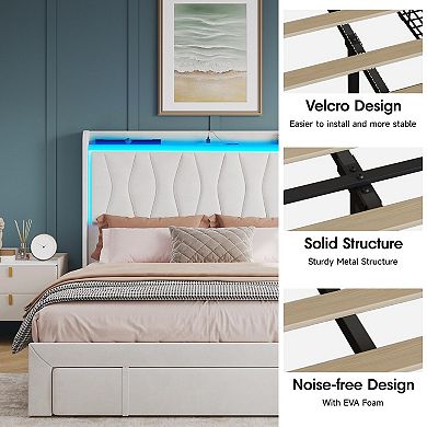 Upholstered Platform Bed Frame with Headboard + 3 Storage Drawers, LED Lights & Charging Station