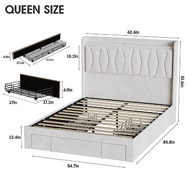 Upholstered Platform Bed Frame with Headboard + 3 Storage Drawers, LED Lights & Charging Station