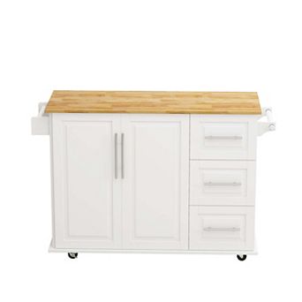 43 Inch Kitchen Island Cart with Foldable Top Three Drawers and Two Door Cabinet White
