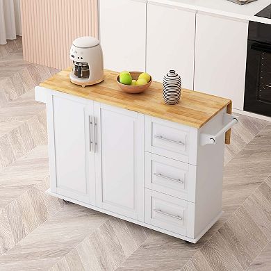 43 Inch Kitchen Island Cart with Foldable Top Three Drawers and Two Door Cabinet White