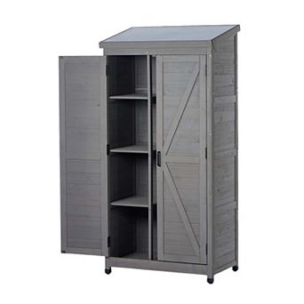 Outdoor Wooden Storage Shed with Metal Top Tall Vertical Tool Cabinet for Backyard Garden