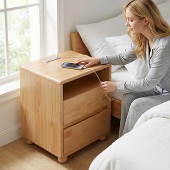 20"Modern Nightstand with 2 Drawers And Shelves, Solid Wood Night Stand with Charger Station