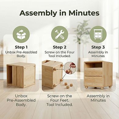 20"Modern Nightstand with 2 Drawers And Shelves, Solid Wood Night Stand with Charger Station