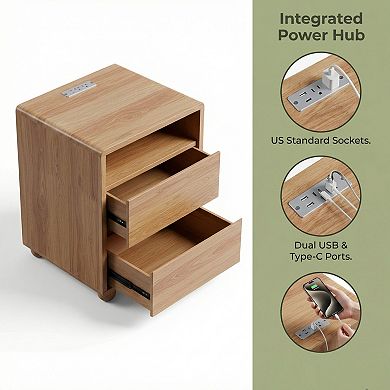20"Modern Nightstand with 2 Drawers And Shelves, Solid Wood Night Stand with Charger Station
